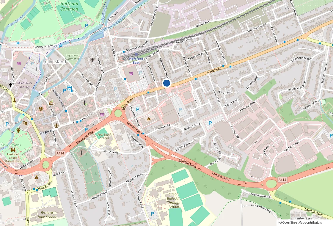 Street map of Hertford showing the clinic on Ware Road near Hertford East station